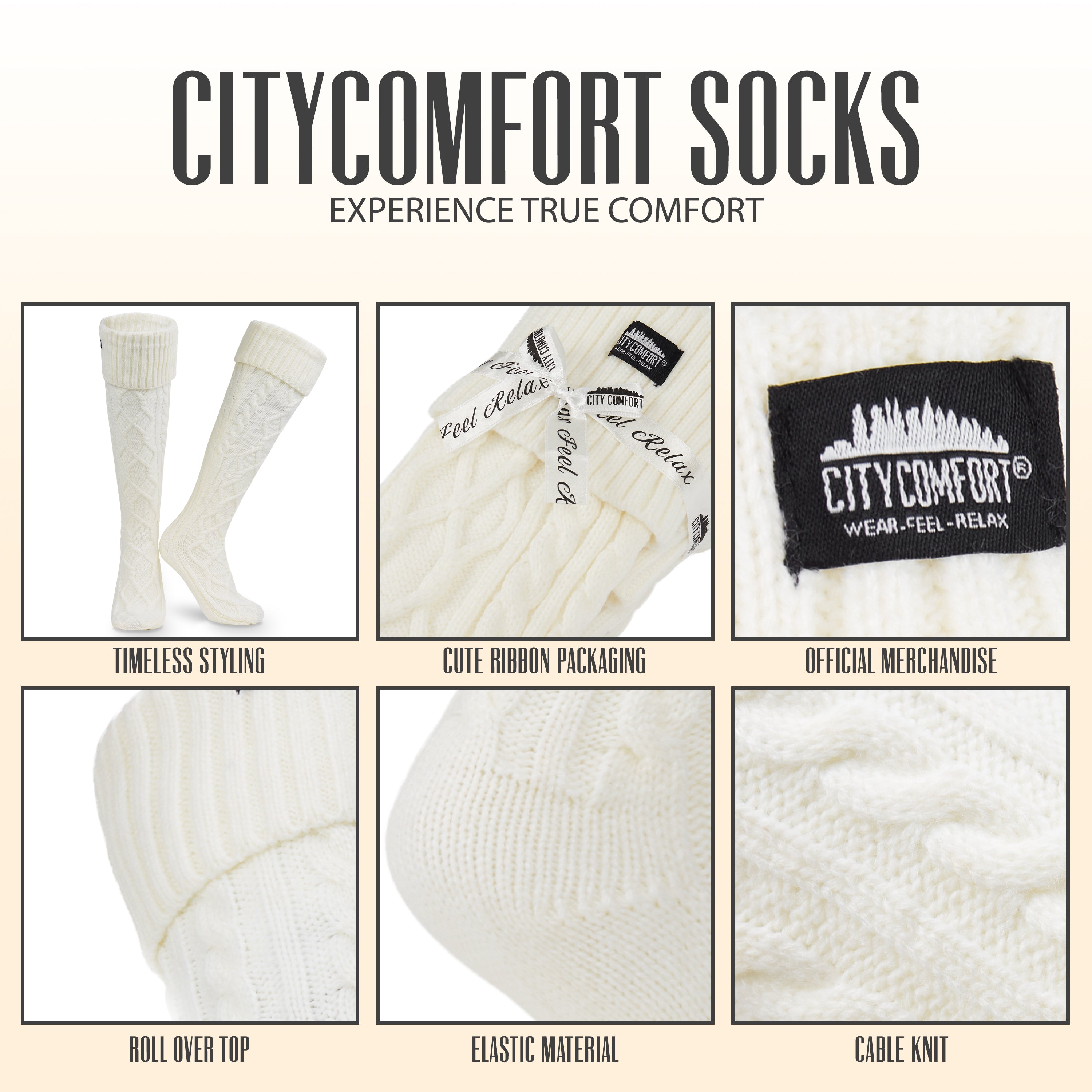 citycomfort-women-chaussettes-hautes-femme-cr-me-maille-torsad-e image 5