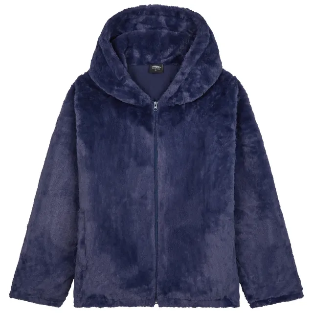 manteau-femme-fausses-fourrure-capuche-peluche-marine-noir image 1