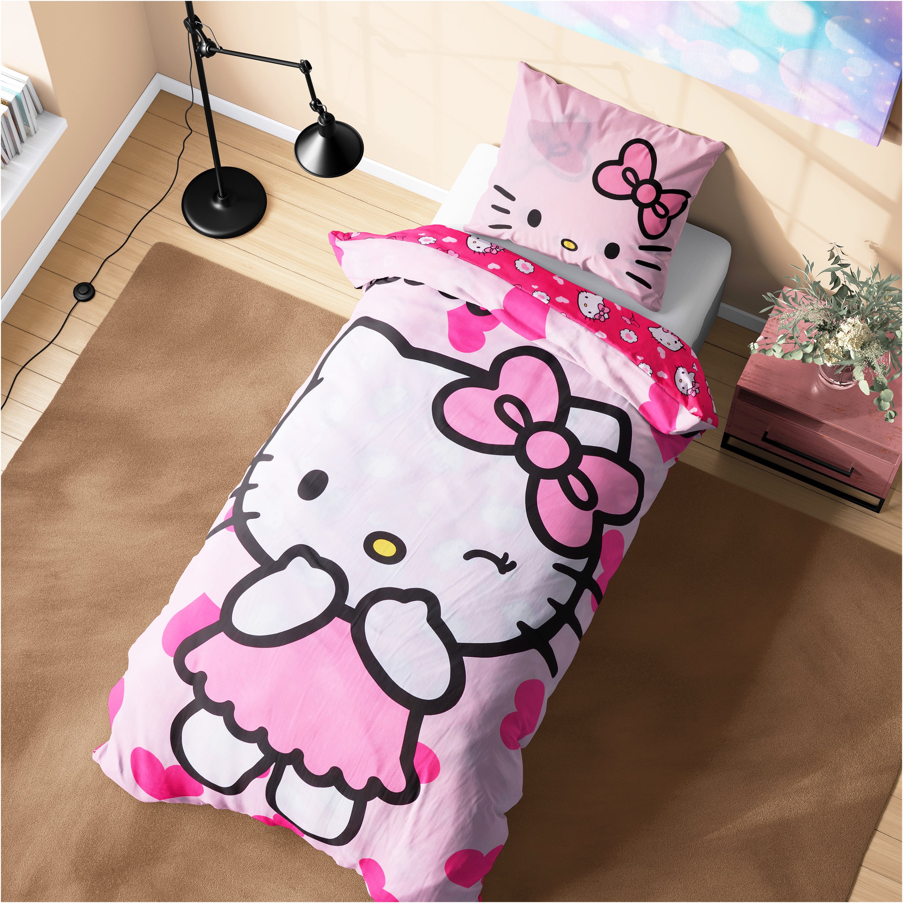 hello-kitty-parure-de-lit-1-personne-housse-couette-rose image 1