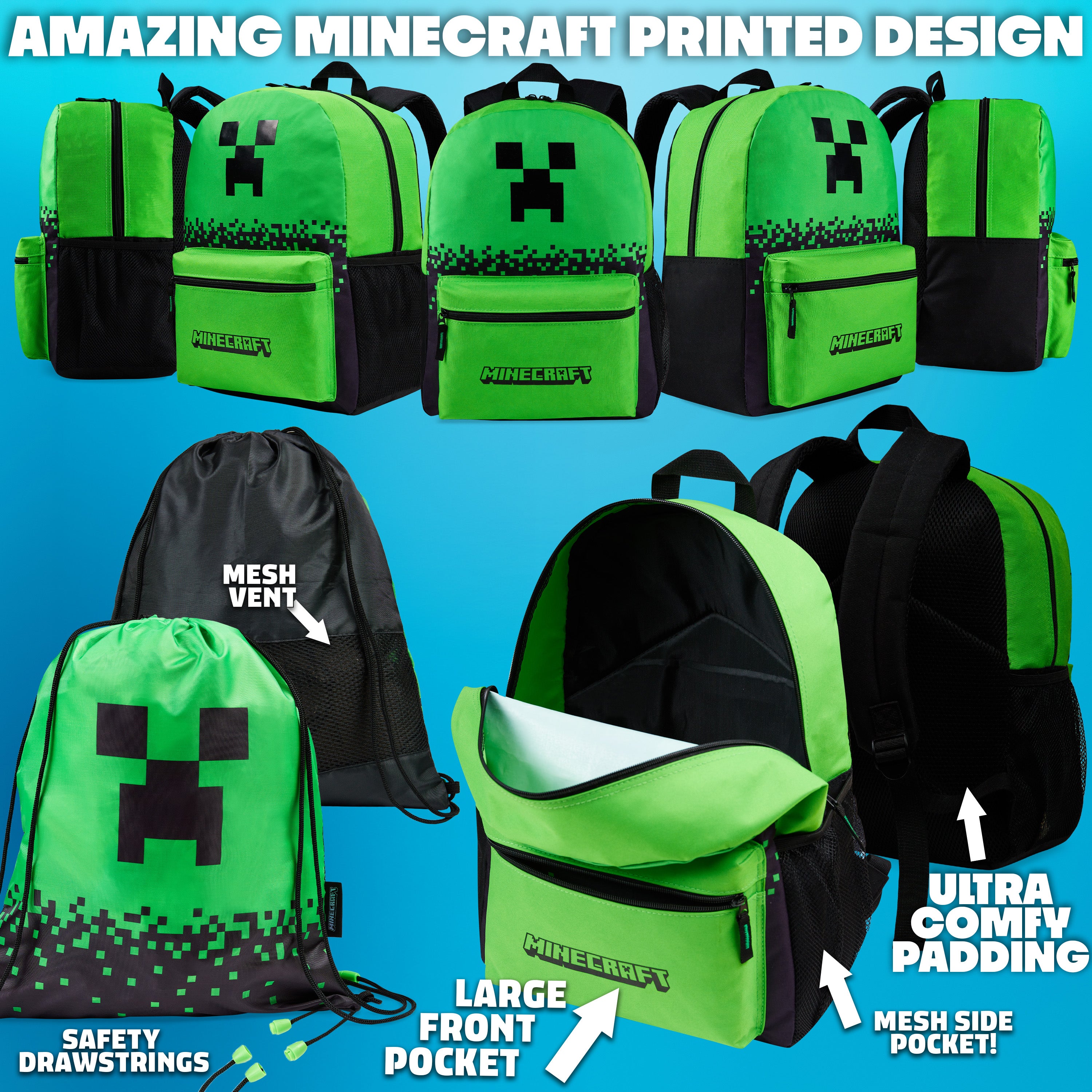 minecraft-set-5-pi-ces-sac-dos-cole-vert image 5