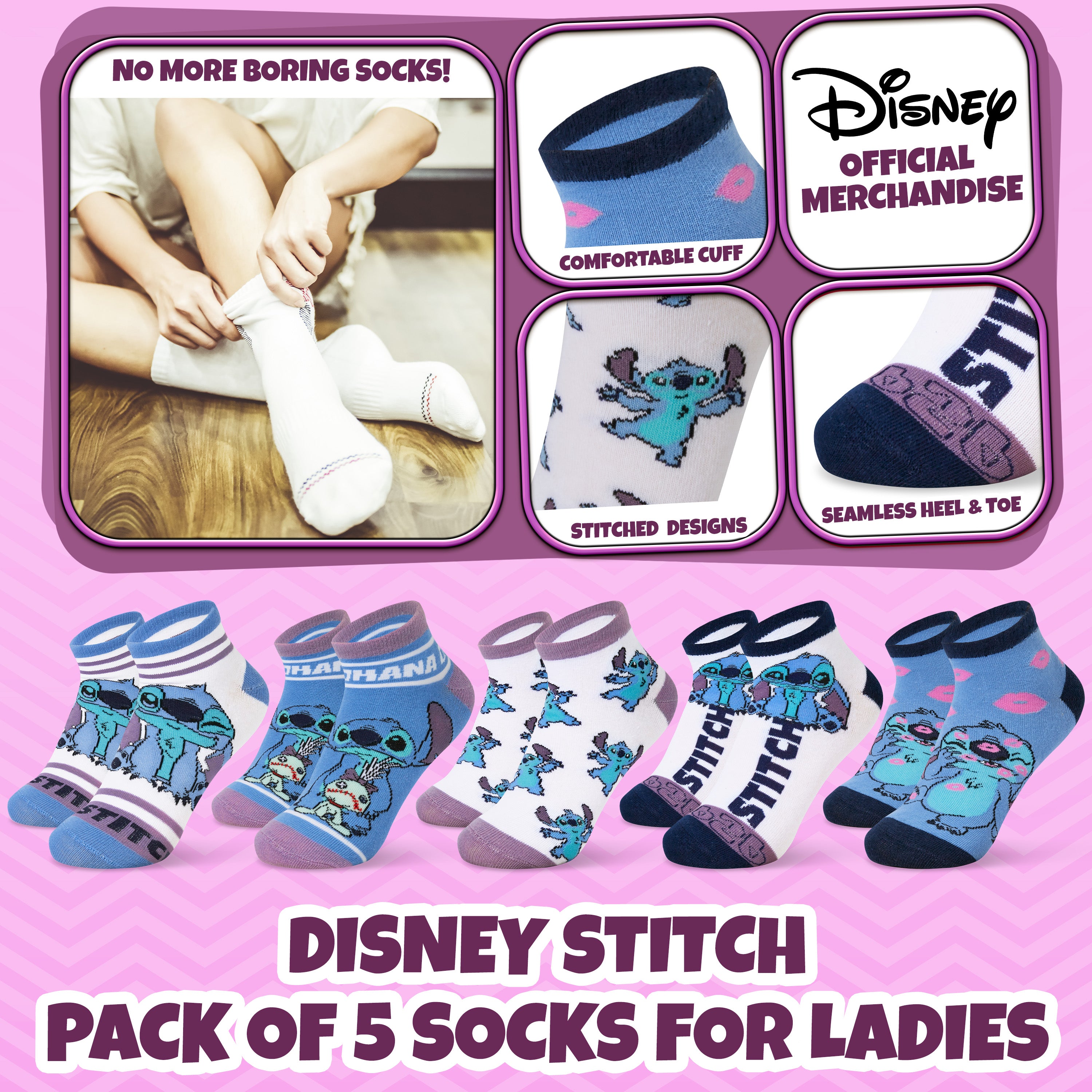 disney-socquettes-cheville-femme-coton-lot-de-5-stitch image 3