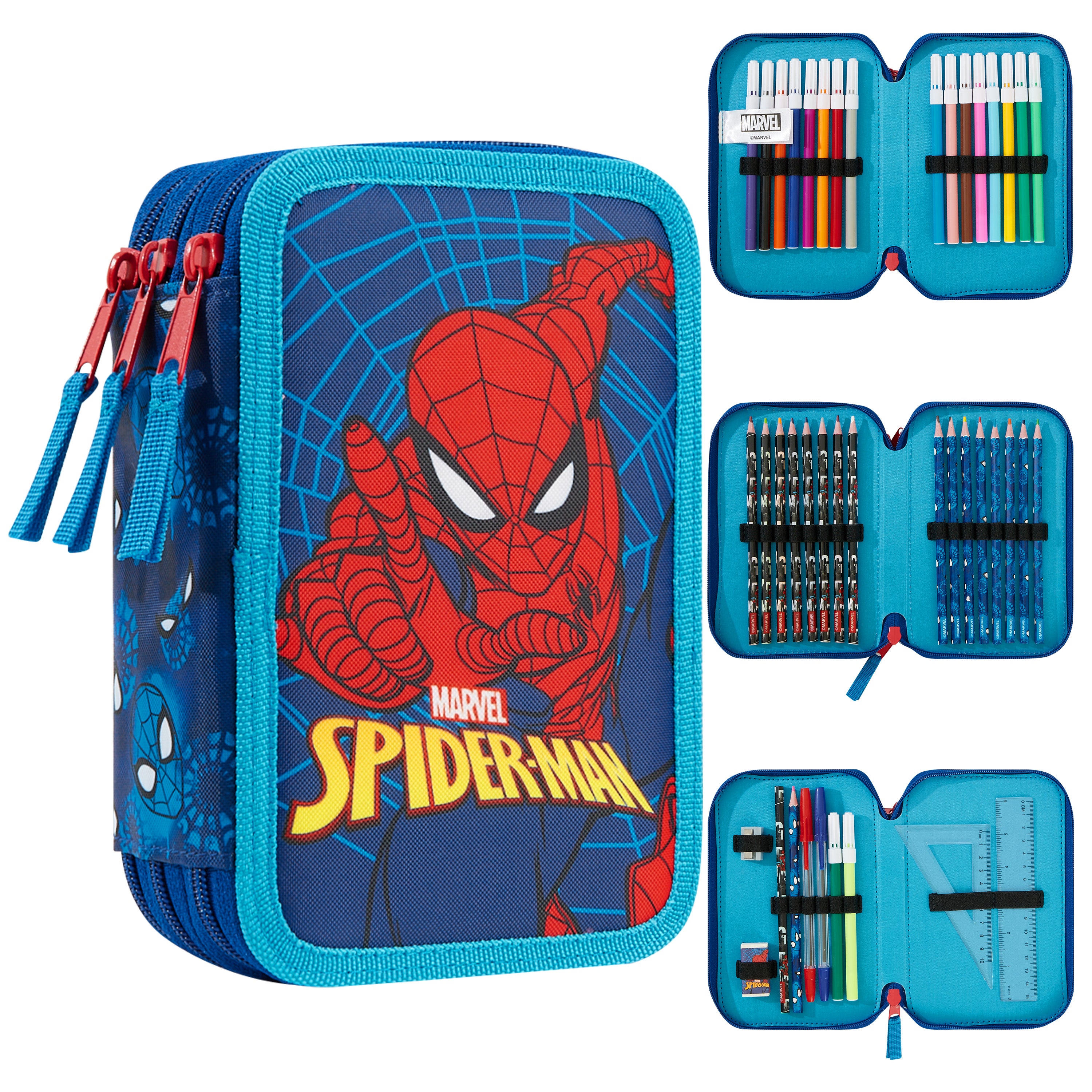 marvel-trousse-scolaire-garnie-spiderman-triple-zip-fournie image 1
