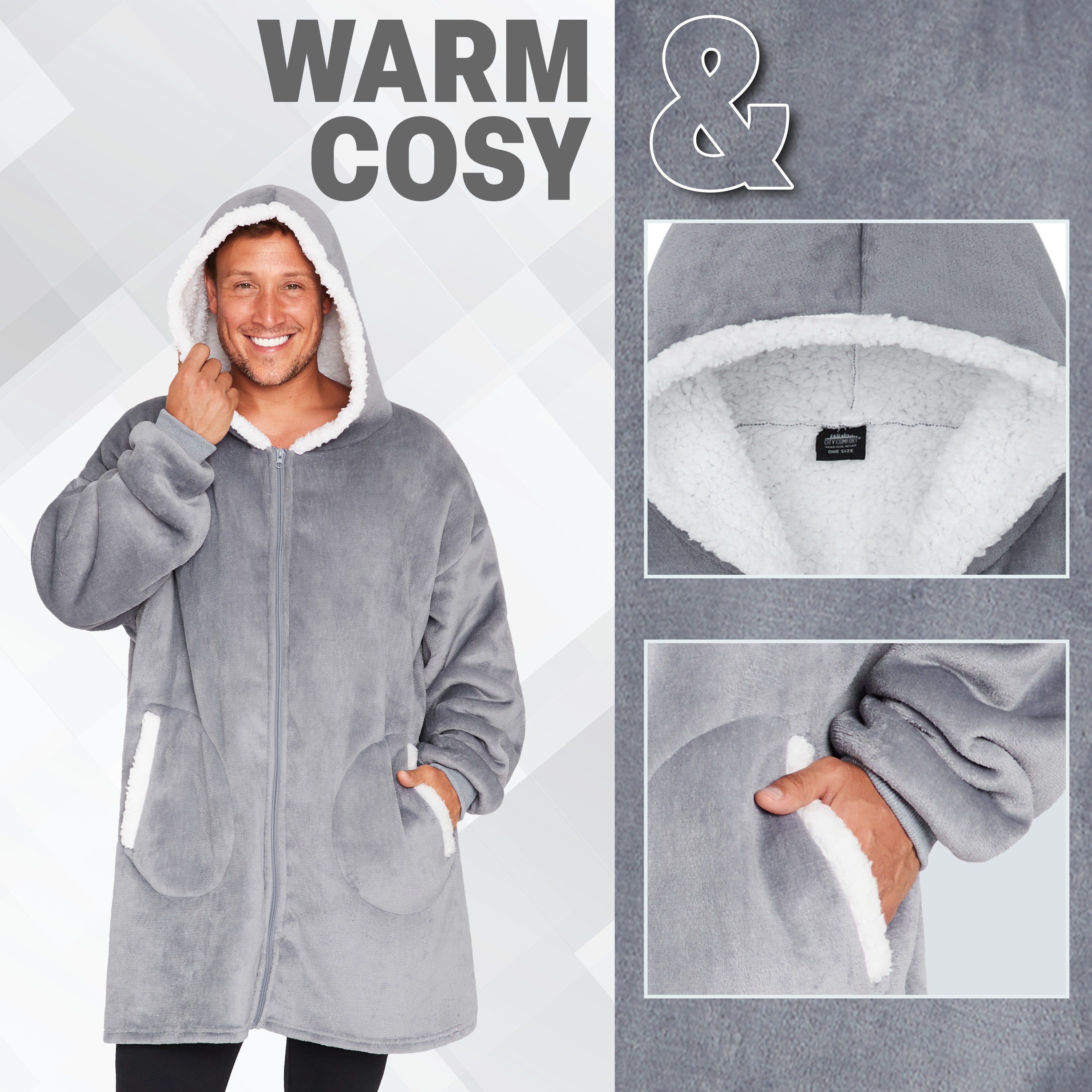 citycomfort-sweat-plaid-capuche-zipp-gris-polaire-sherpa image 5