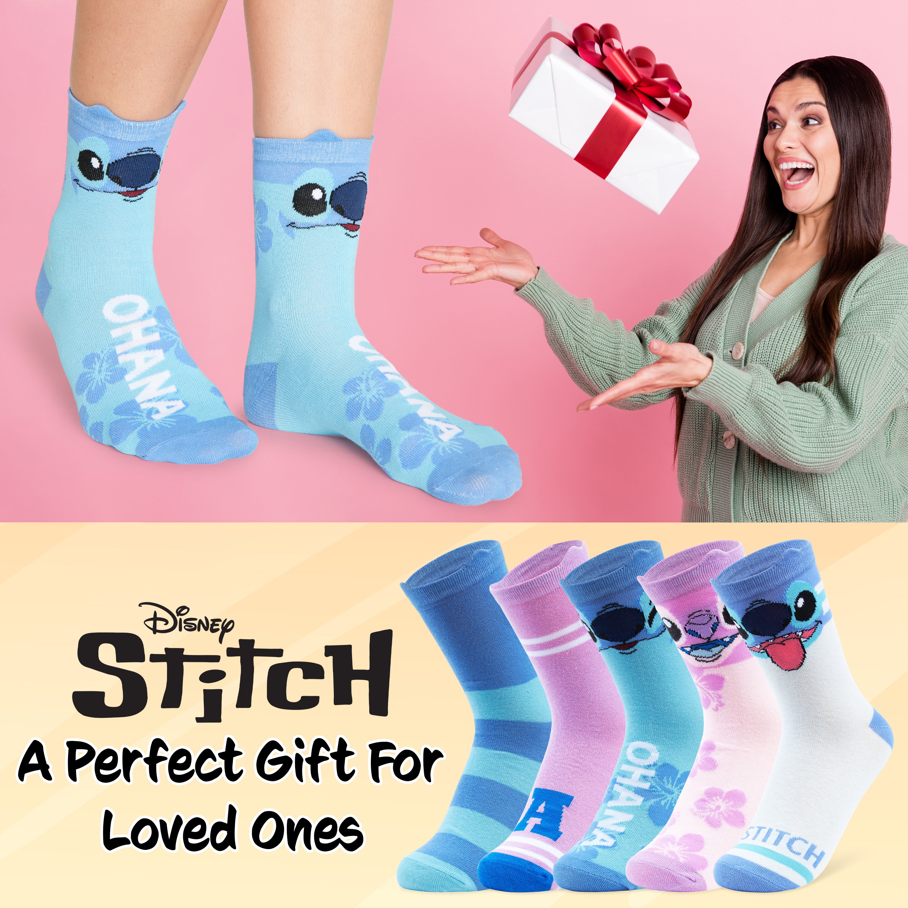 disney-chaussettes-femme-stitch-lot-5-paires-rose-bleu-coton image 2