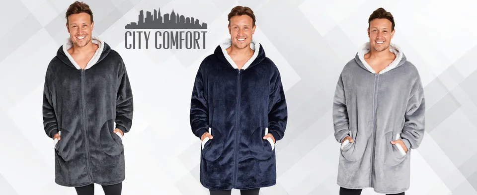 citycomfort-sweat-plaid-capuche-zipp-gris-polaire-sherpa image 1