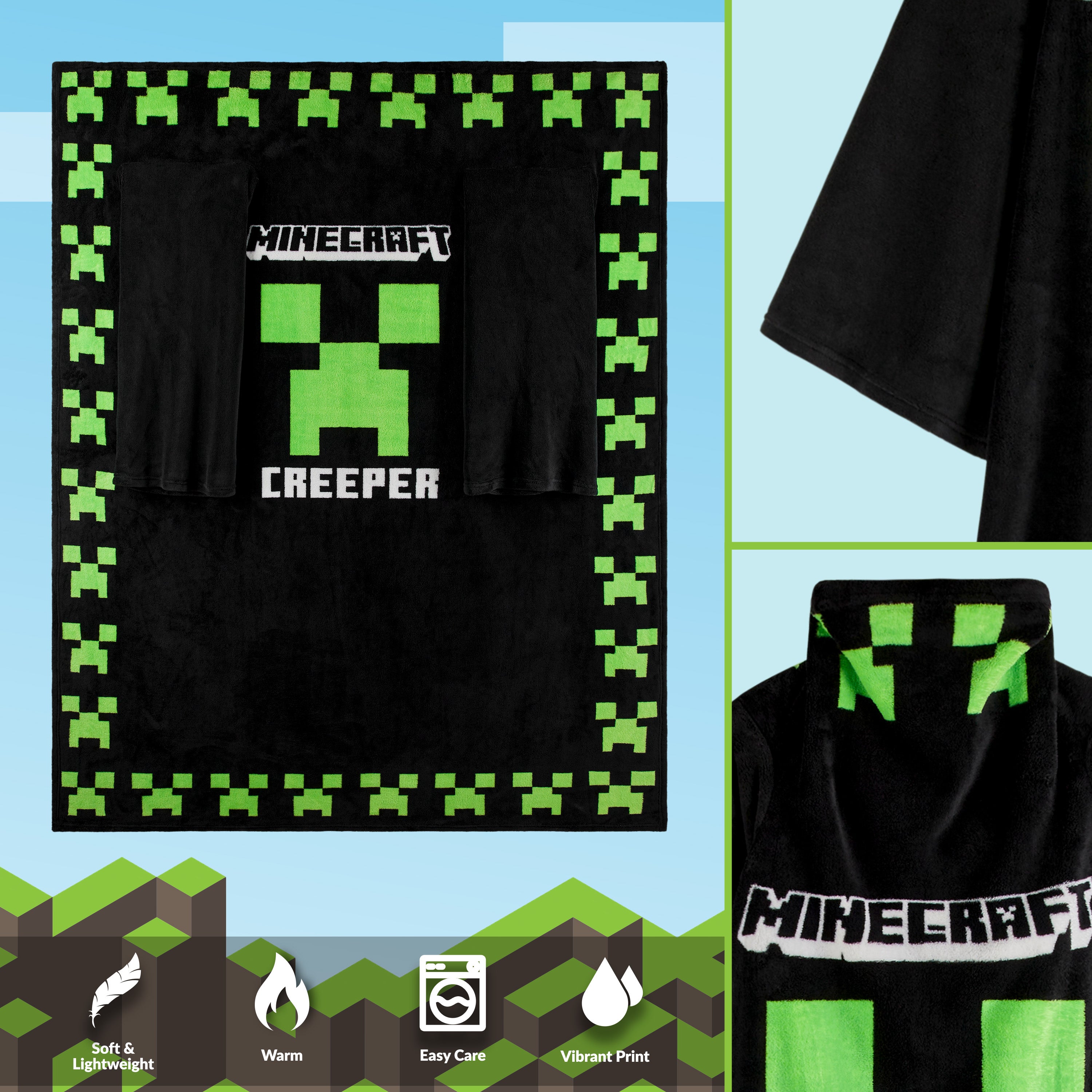 minecraft-sweat-plaid-capuche-enfant-noir-polaire image 3