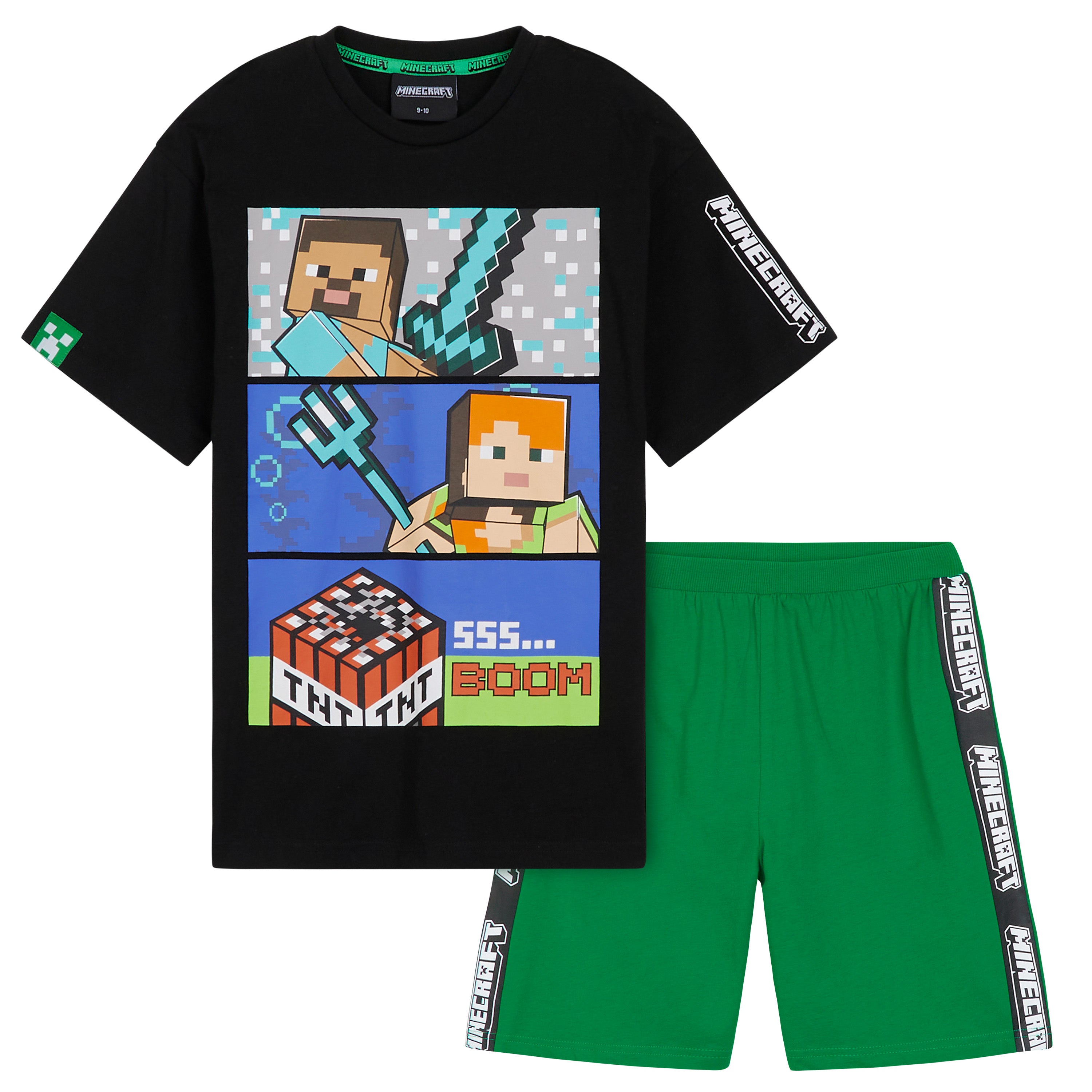 minecraft-pyjama-court-gar-on-coton-noir-vert-5-14-ans image 1