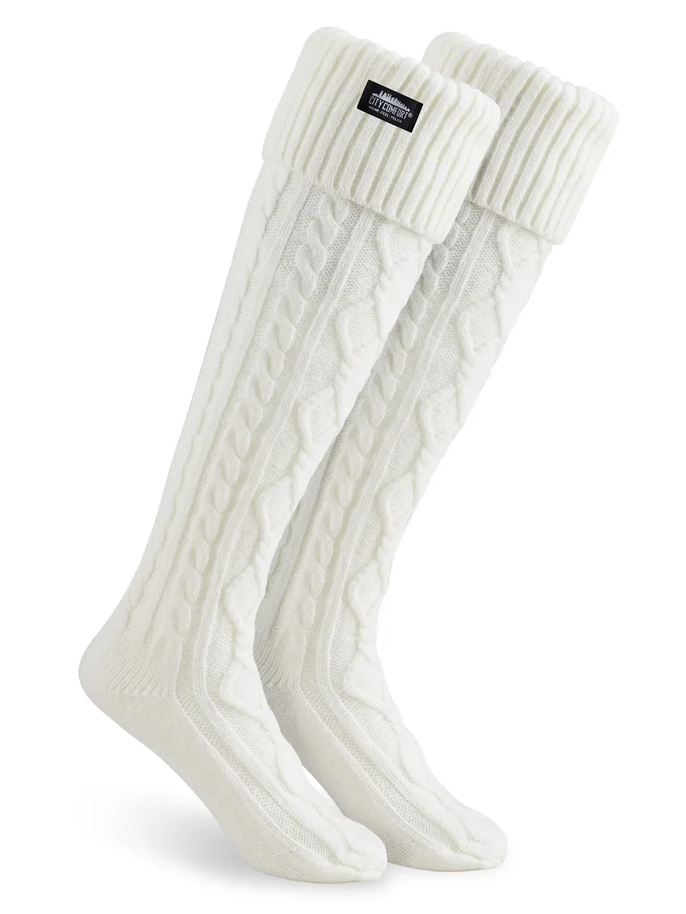 citycomfort-women-chaussettes-hautes-femme-cr-me-maille-torsad-e image 1