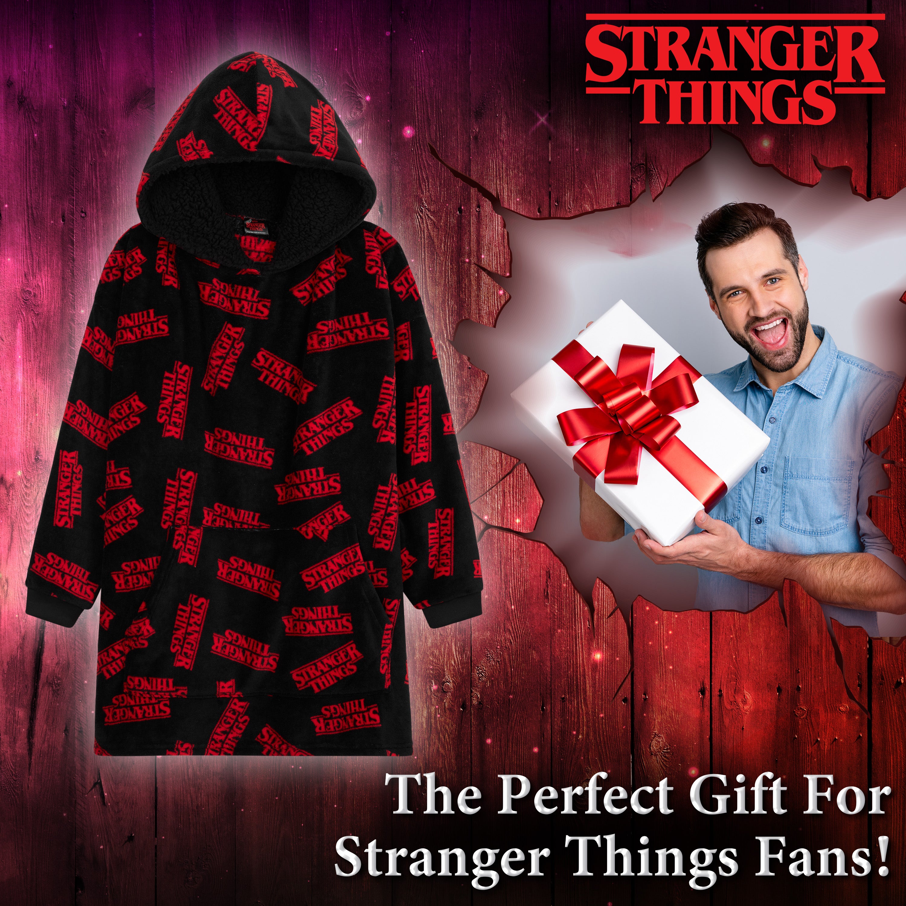 get-trend-stranger-things-sweat-plaid-capuche-noir-rouge-polaire image 3