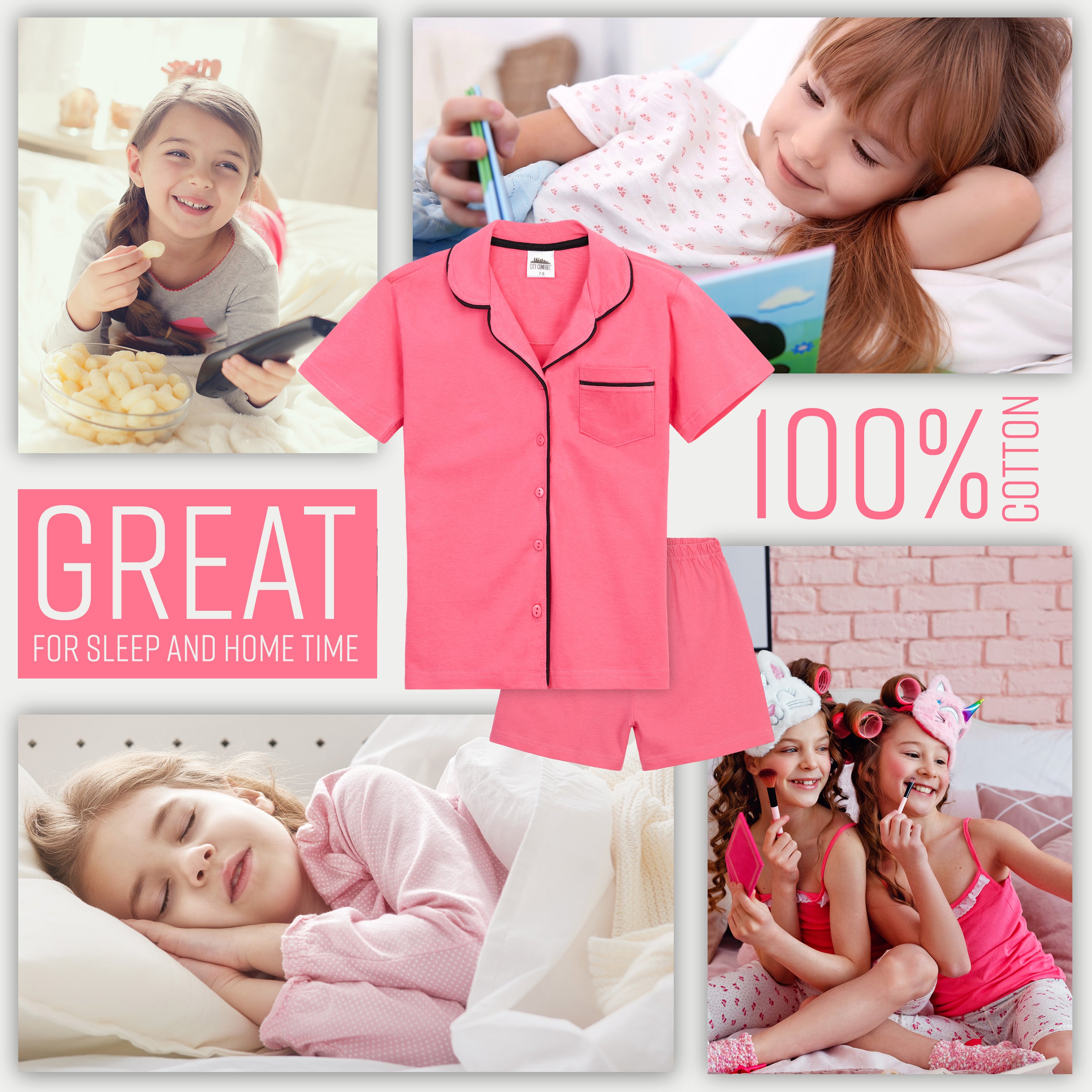citycomfort-pyjama-fille-court-coton-bouton-rose-5-6-ans image 4