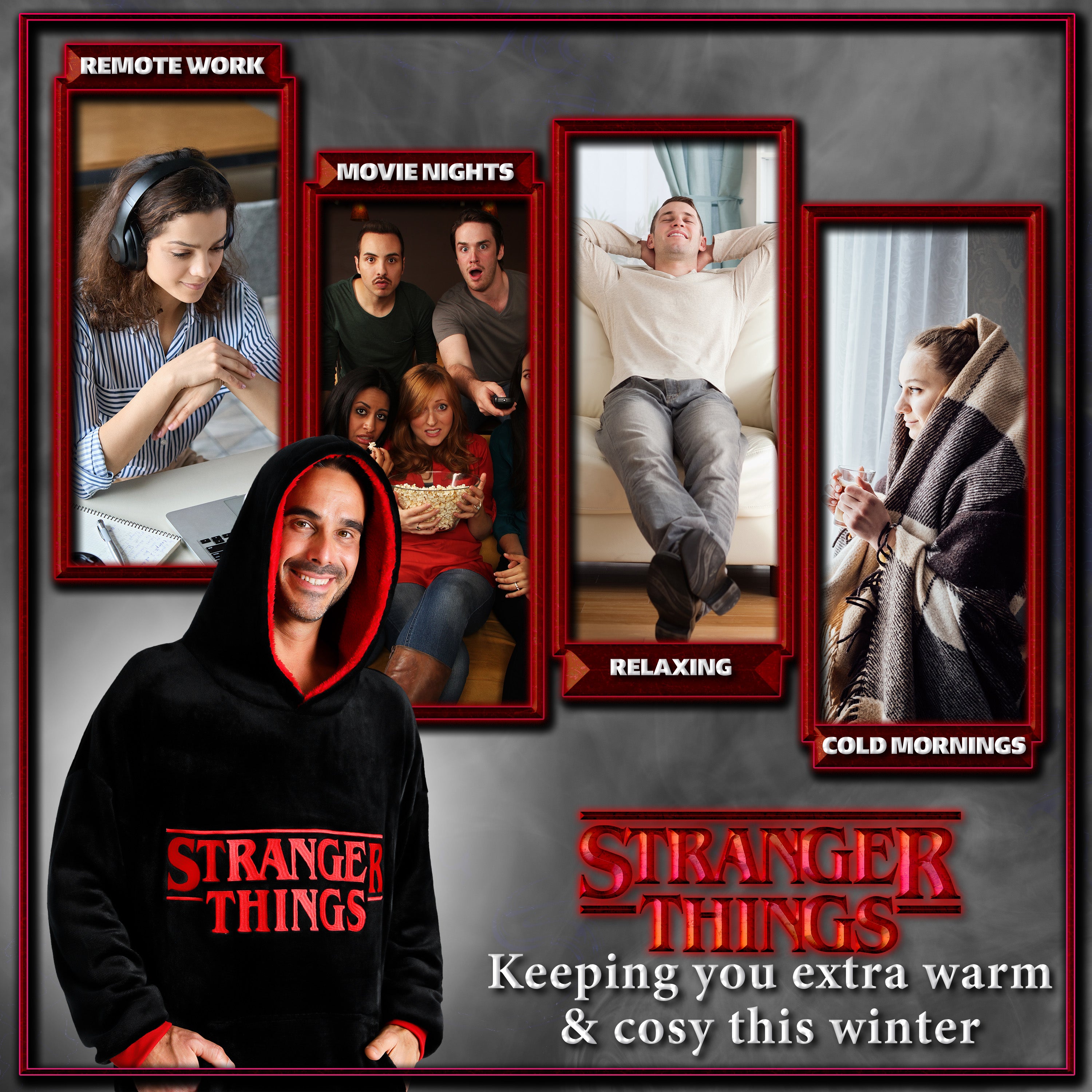 stranger-things-sweat-plaid-capuche-noir-rouge image 5