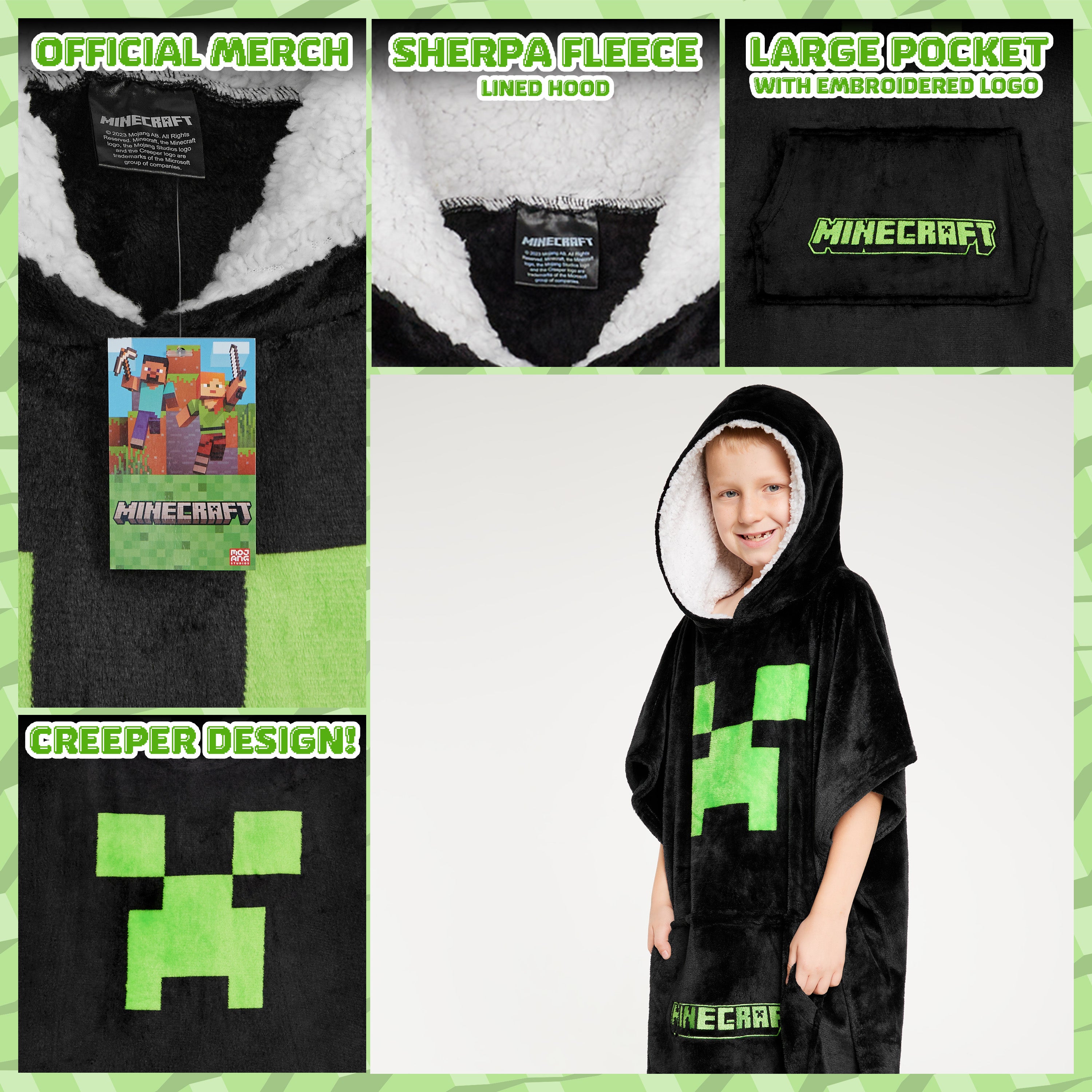 minecraft-sweat-plaid-enfant-capuche-polaire-noir-vert image 4