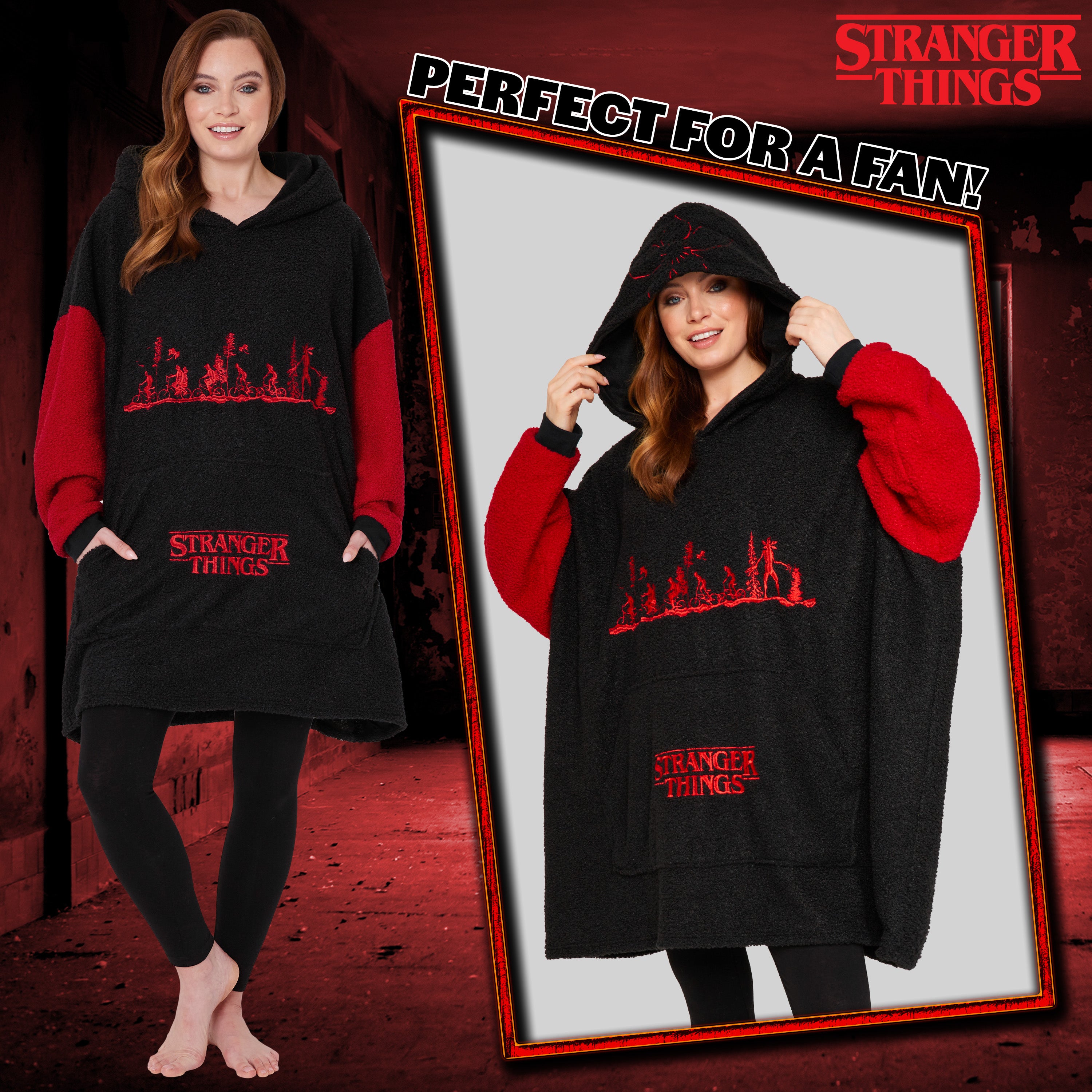 stranger-things-sweat-plaid-polaire-noir-rouge-taille-unique image 2