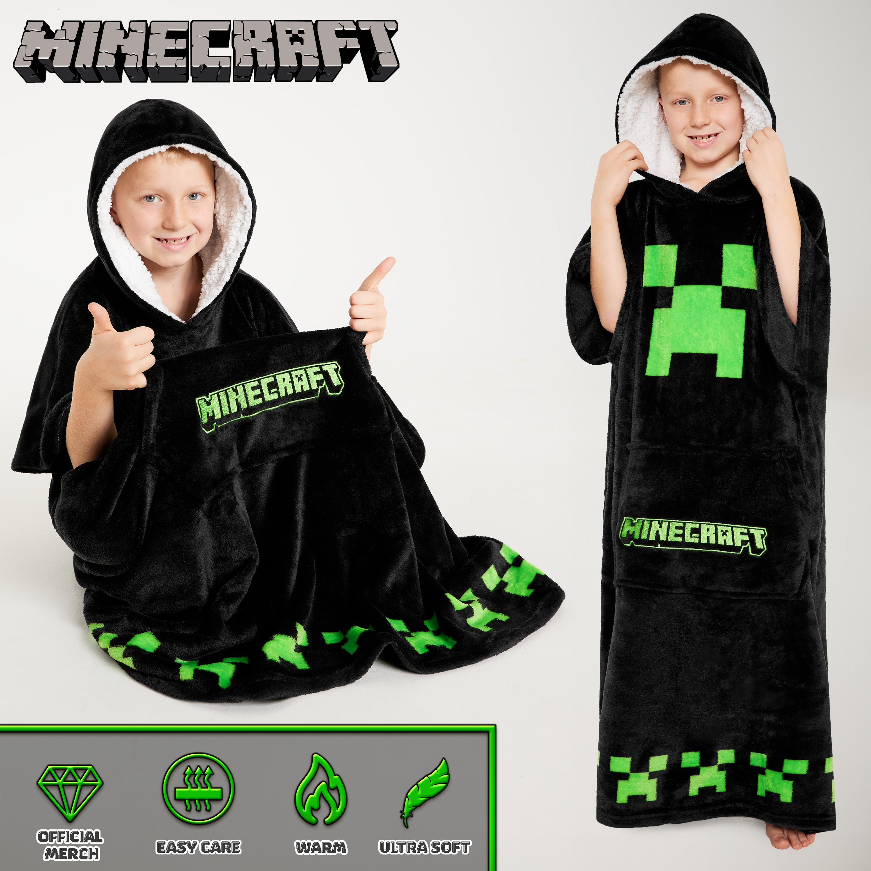 minecraft-sweat-plaid-enfant-capuche-polaire-noir-vert image 5