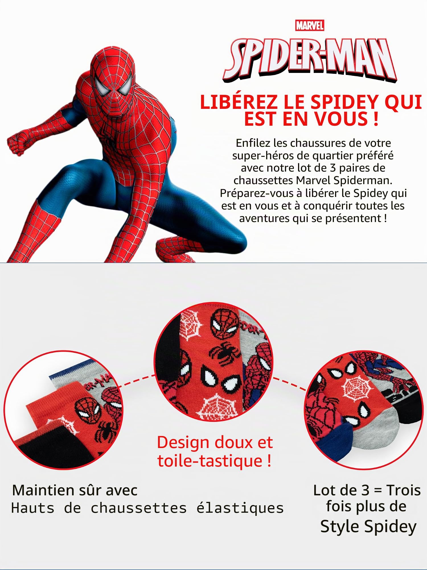 marvel-spiderman-chaussettes-coton-pack-3-taille-27-30 image 5